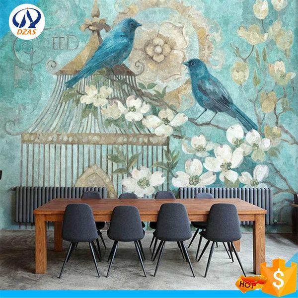 

wallpapers hand-painted european wallpaper tv background wall paper bedroom birdcage flowers large murals wh-mural