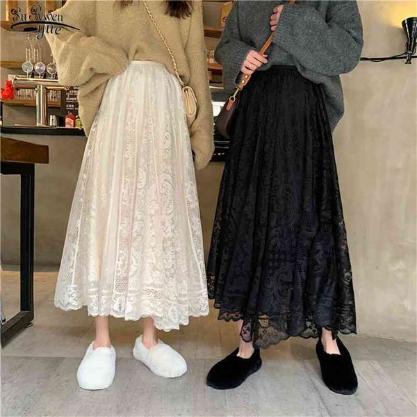 

spring korean a-line black long skirt casual female elastic high waist lace skirts fashion womens jupe femme elegant 210421