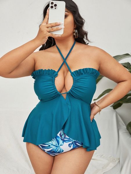 

plus tropical print frill trim bikini swimsuit 00bi#, Black