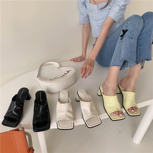 

high-heeled shoes lady ladies' slippers slipers women low peep toe square heel summer 2021 block basic rome slides rubber pu fab, Black