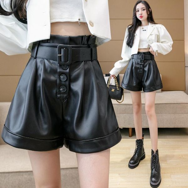 

women's shorts spring autumn pu leather high waist women punk sashes wide leg casual loose 2021, White;black