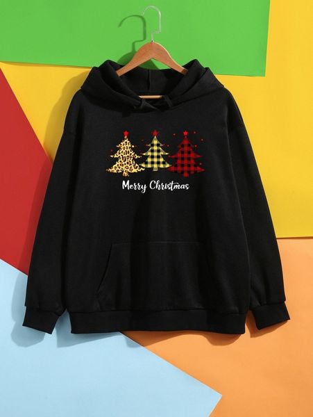 

plus christmas tree & slogan graphic kangaroo pocket hoodie y83p#, Black