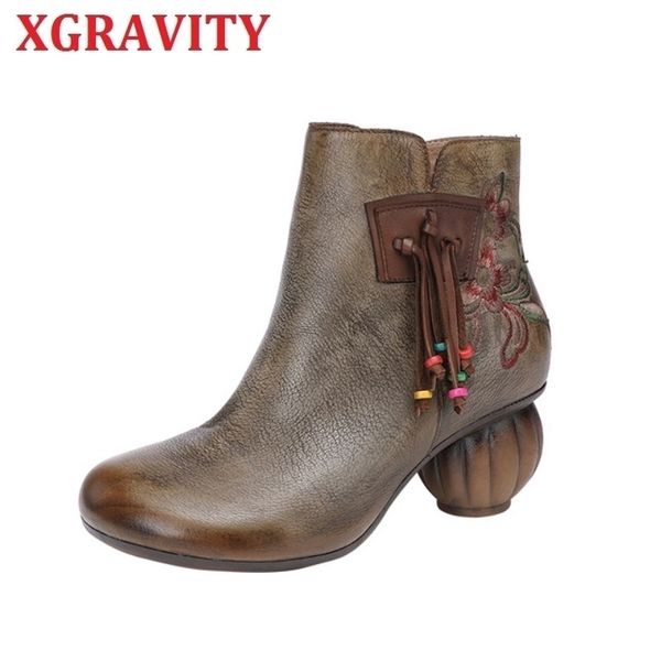

xgravity all matched ladies flower chunky heel boots women fashion round toe shoes abnormal lantern heel boots leather shoes s59 210429, Black