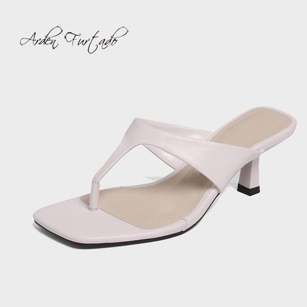 

slippers arden furtado summer fashion women's shoes stilettos heels square head genuine leather elegant flip flops 33, Black