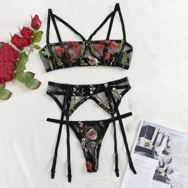 

bras sets set for women temptation transparent underwear embroidery lace breves 3 pieces bra panties garter floral lingerie, Red;black