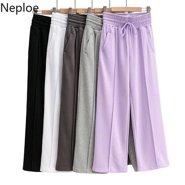

neploe causal solid women pants lace up stretch high waist long trousers 2021 autumn wide leg feminimos mujer 4e153 women's & capris, Black;white