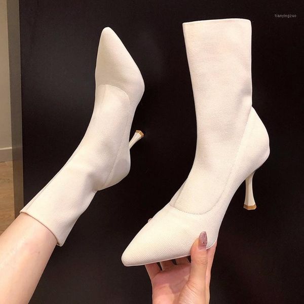 

boots high heeled shoes knitting socks mid-calf thin heel pointed elastic female 88901, Black