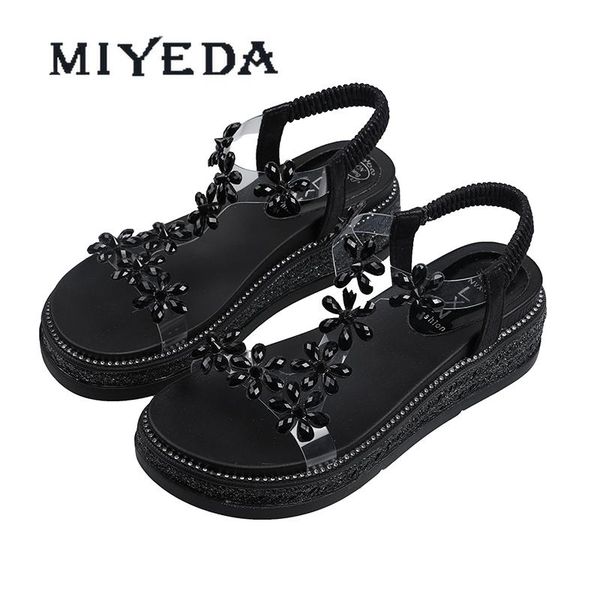 

womens sandals luxury designer flats open toe string bead flower wedges summer black elastic band female shoes