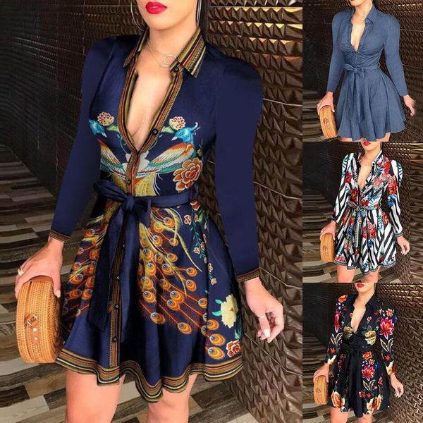 

skirts fashion women deep v neck long sleeve peacock flowers print bandage mini dress, Black