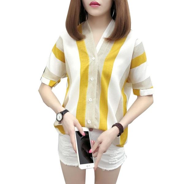 

4xl women summer striped pullover short sleeve casual female v neckline blouse women's blouses & shirts, White