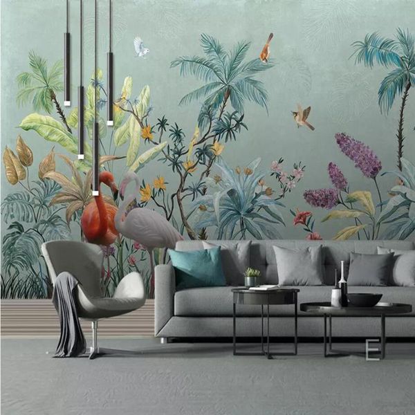 

wallpapers milofi custom 3d wallpaper mural hand-painted tropical rainforest flower and bird background wall living room bedroom decoration