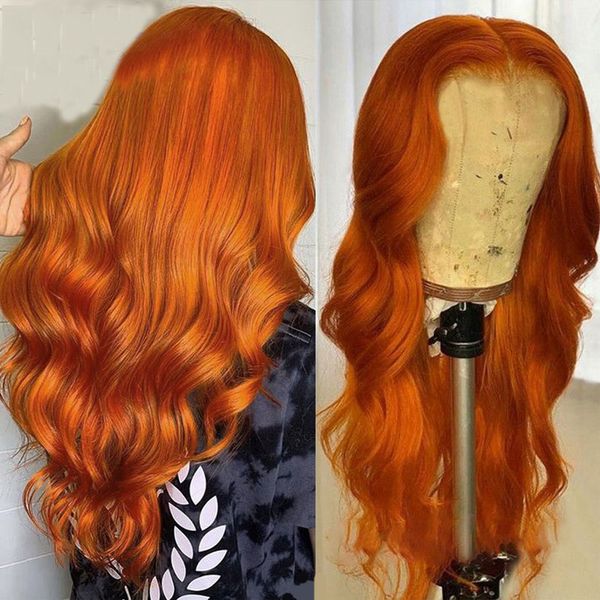 

26 inch long orange body wave synthetic lace front wig for black women pre plucked with baby hair cosplay glueless heat resistant fiber 180, Black;brown