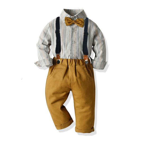 

children's suit autumn and winter boys' plaid long sleeve shirt bow tie suspender two piece gentleman's suit, Blue