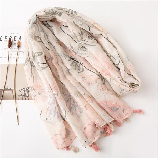 

scarves women viscose scarf ladies head wraps 2021 floral pink print four seasons tassel casual shawl foulard femme, Blue;gray