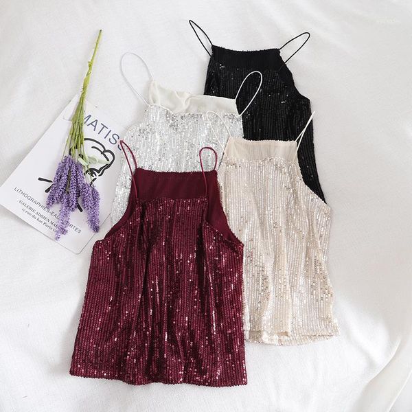 

women's tanks & camis party girl club look sequins bling shinning camisole women shirt camiseta feminina camisa mujer, White