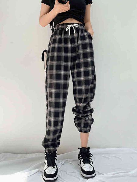 

will loose wind restoring ancient ways is black and white grid casual pants women show tall waist smoke strand feet straight har 210429, Blue