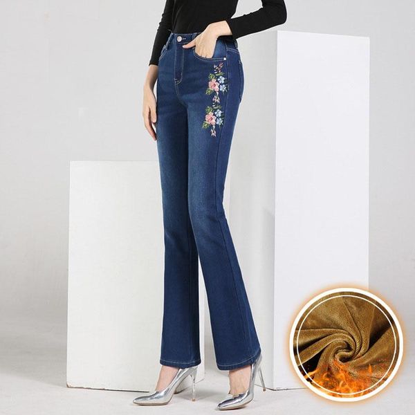 

women's jeans ferzige 2021 winter warm woman high waist embroidery trousers female elastic skinny flare pants blue plus size
