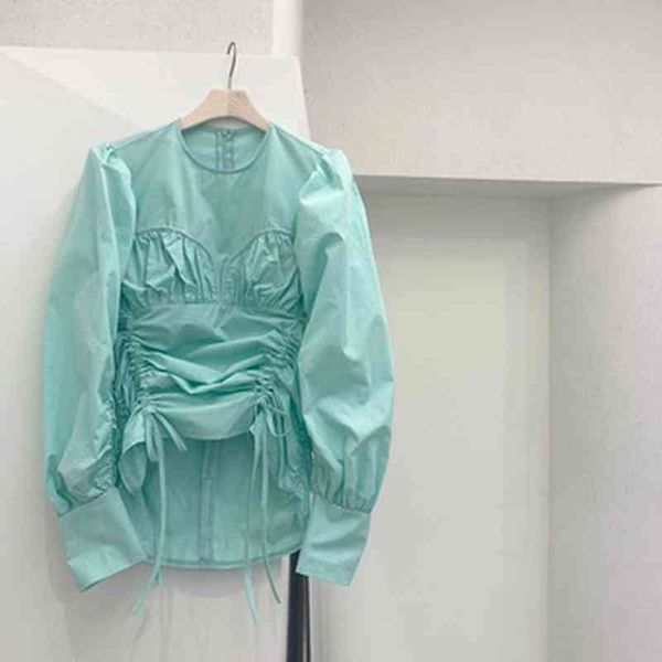

korean chic folds drawstring design shirts womens blouses spring long sleeve blusas mujer o-neck women 210514, White