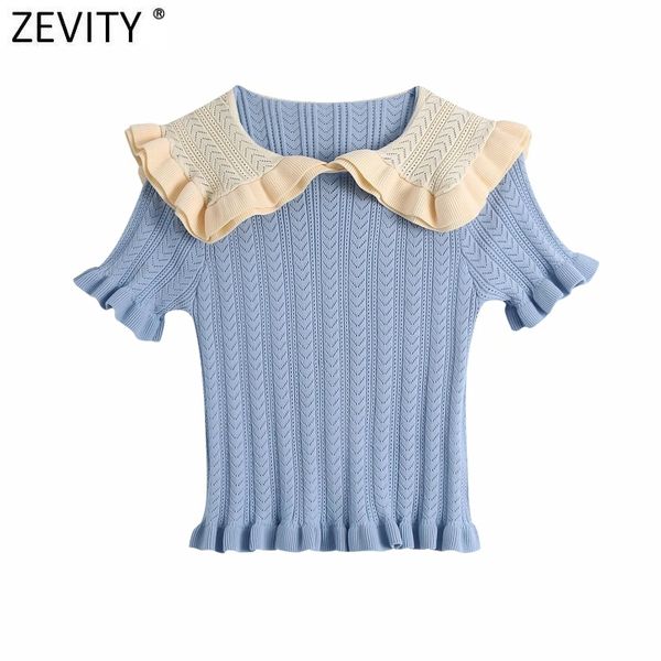 

zevity women sweet ruffles peter pan collar patchwork blue knitting short sweater female chic ruched summer pullovers sw712 210419, White;black