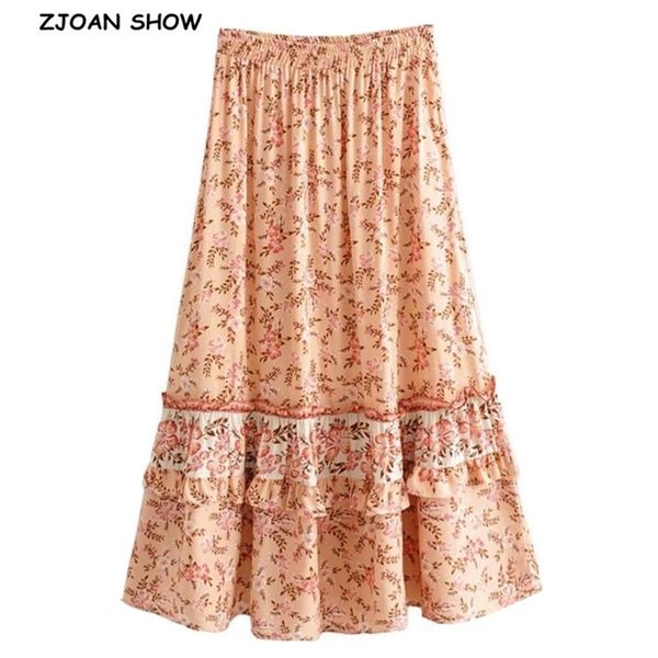 

spring bohemian stitching wood ears ruffles skirt vintage women elastic waist maxi long swing skirts orange pink color femme 210429, Black