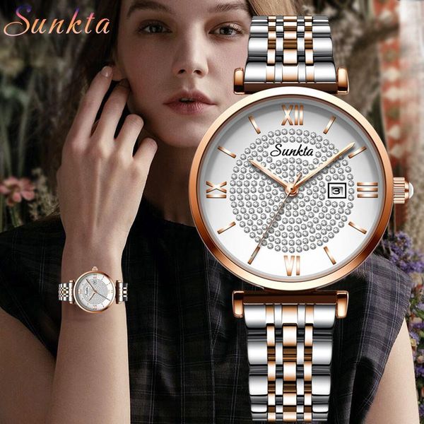 

wristwatches 2021 sunkta women watches steel belt wristband fashion watch casual ladies waterproof quartz gifts, Slivery;brown