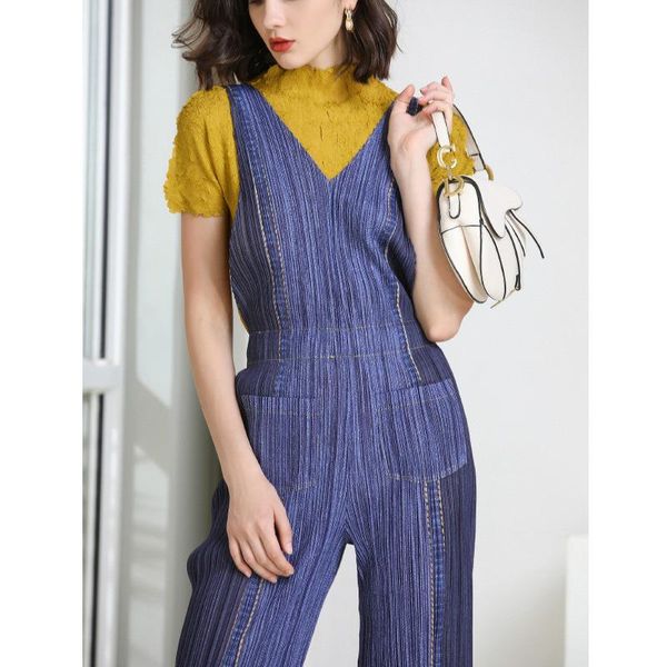 

women's pants & capris pleated jumpsuit summer denim straight tube slim waist, Black;white