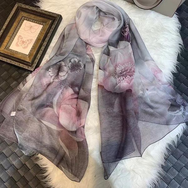 

scarves [bysifa] fall winter silk scarf hijab fashion ladies grey pink lotus long foulard elegant chiffon bufandas, Blue;gray