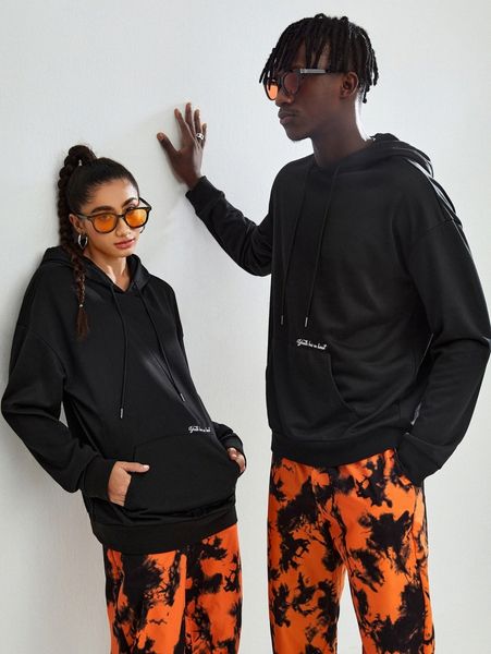 

1pc slogan graphic drop shoulder drawstring hoodie k8fi#, Black