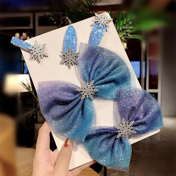 

girls fantasy yarn big bow snowflake hair clips princess headband hairpins sweet barrettes kids fashion accessories, Slivery;white