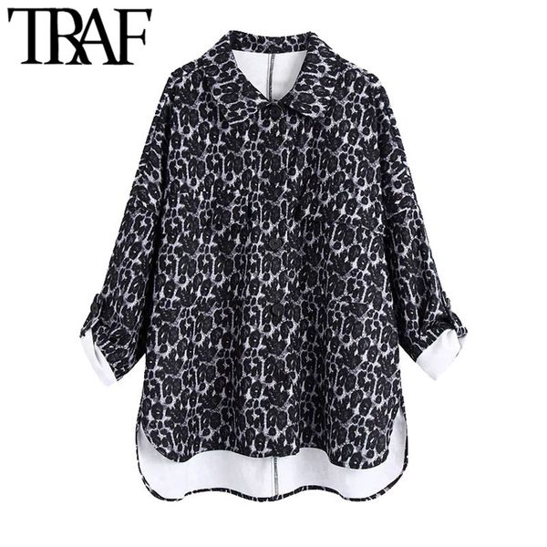 Traf Mulheres Moda Oversized Leopard Impressão Assimétrica Casaco Casaco Vintage Manga Longa Bolso Feminino Outerwear Chique Tops 210415