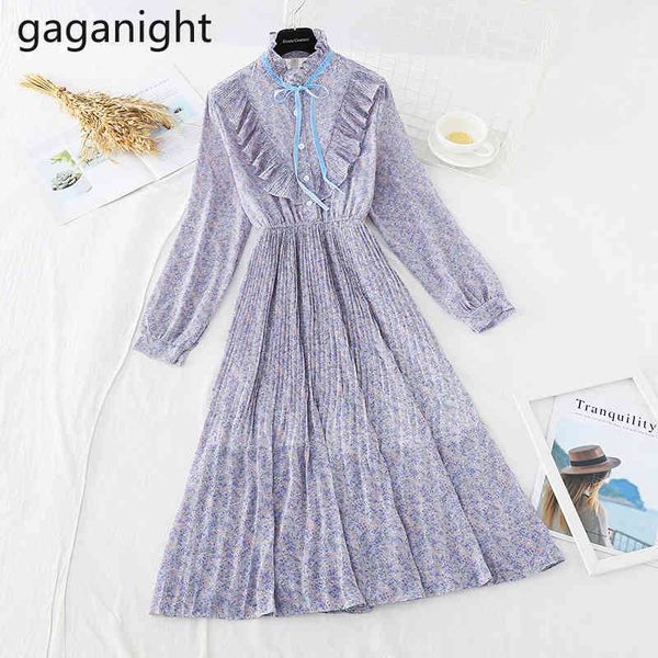 

gaganight fashion japanese tender floral pirnt solid dress summer female ruffled collar slim chiffon ruffles vestidos 210519, Black;gray