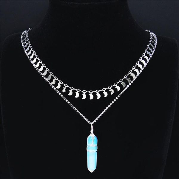 

pendant necklaces 2pcs stainless steel moonstone layered necklace witchcraft moon divination hexagonal prism jewelry pendentif femme nz35s04, Silver
