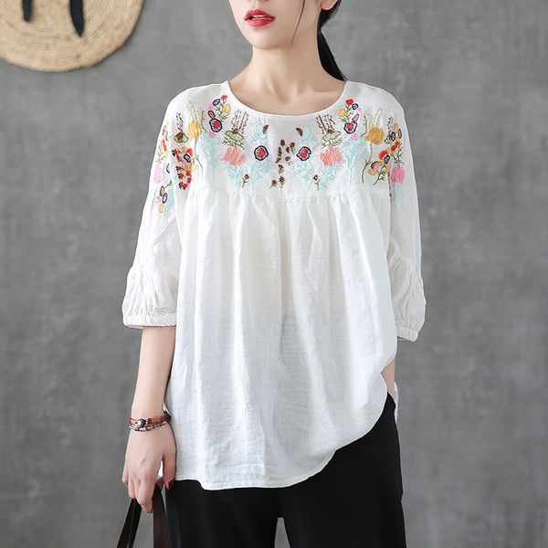 

white tunic linen shirt women vintage clothes cotton embroidery blouse plus size ladies casual