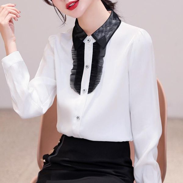 

women's blouses & shirts fashion woman 2021 spring long sleeve blouse women turn down collar office ladies chiffon c398, White