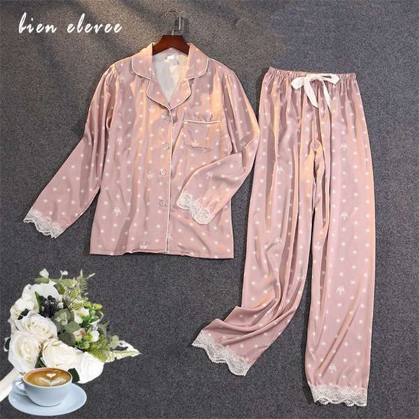 

ice silk pajamas sets women's printing pyjama long sleeve button autumn winter home suits lapel lingeres lace pijama 2pack 210928, Black;red