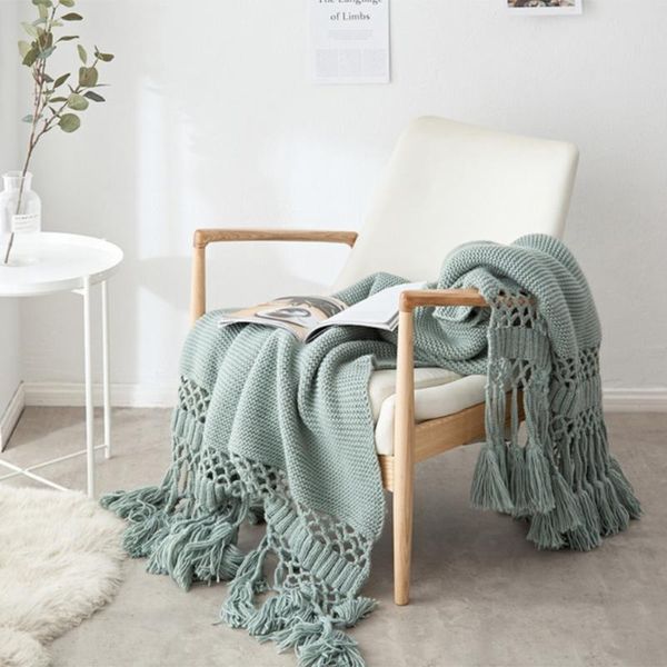 

blankets ordic sofa chunky knitted throw blanket with tassels stylish hollow out solid color air conditioning shawl cover