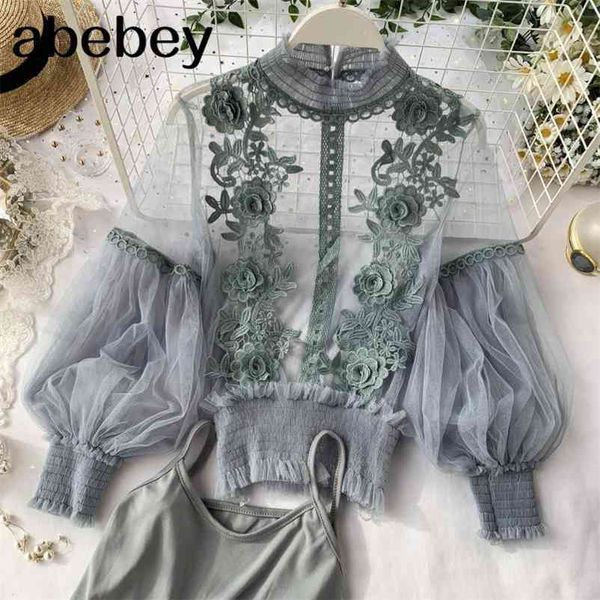 

spring women fashion sheer lace blouse lantern sleeve 3d floral blouses shirts elegant blusas femininas 210401, White