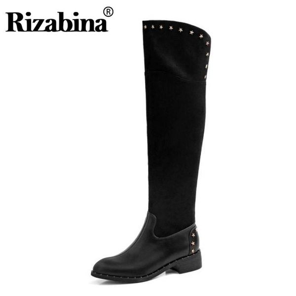 

boots rizabina women over knee real leather winter keep warm low heel shoes fashion rivets thigh high size 33-40, Black