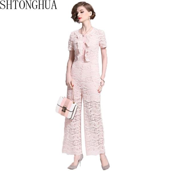 

women's jumpsuits & rompers shtonghua 2021 summer lace ruffle jumpsuit women hollow short sleeve elegant slim wide leg, Black;white