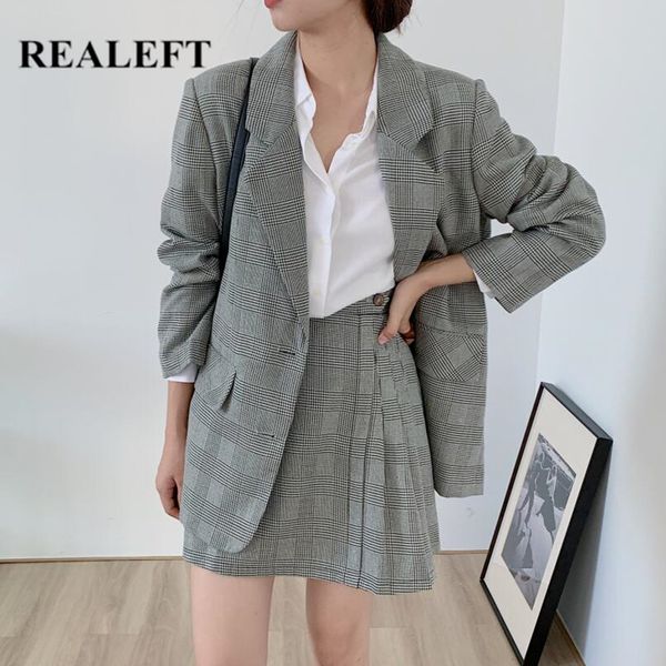 

autumn winter vintage plaid women sets 2 pieces matching chic blazers short pleated skirts ladies elegant suits 210428, White