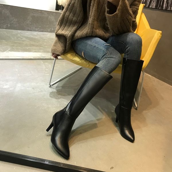 

boots autumn winter pointy and high-heeled knight women's suede riding high knee-high boots for women botines, Black