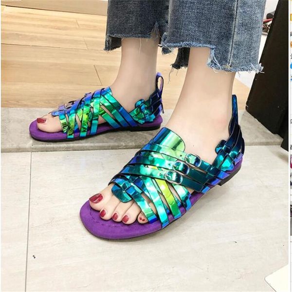 

summer thin band roman shoes hit color flat student open toe sandals women's, Black