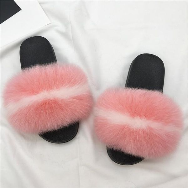 

summer women's shoes real raccoon leather slippers fluffy fur furry sandals flat flip flops female plush, Black