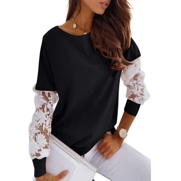 

autumn / winter 2021 new solid color casual loose pullover with embroidered lace at cuffs, Blue;black