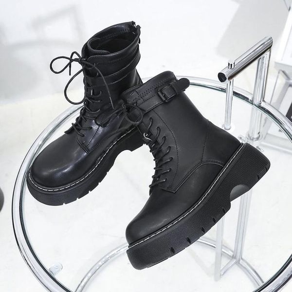 

boots short women's summer 2021 belt buckle thick bottom net red fashion wild british style retro platform shoes, Black