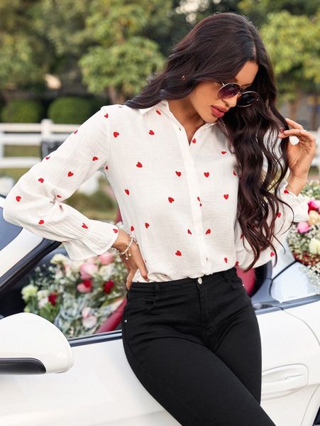 

heart print flounce sleeve blouse c87k#, White