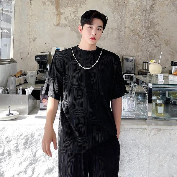 

men's tracksuits summer sets necklace pleated loose casual short sleeve t-shirts pants sports tracksuit streetwear tees shirts pant for, Gray