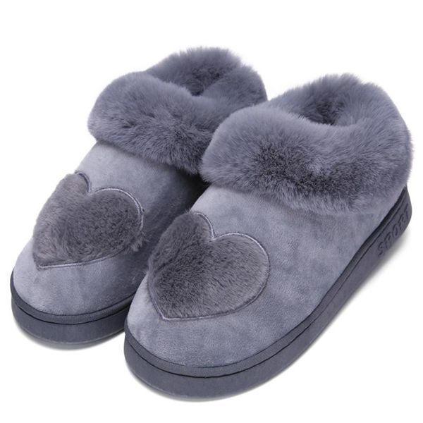 

slippers heart-shaped cotton women warm plush winter fur soft indoor floor shoes flat home, Black