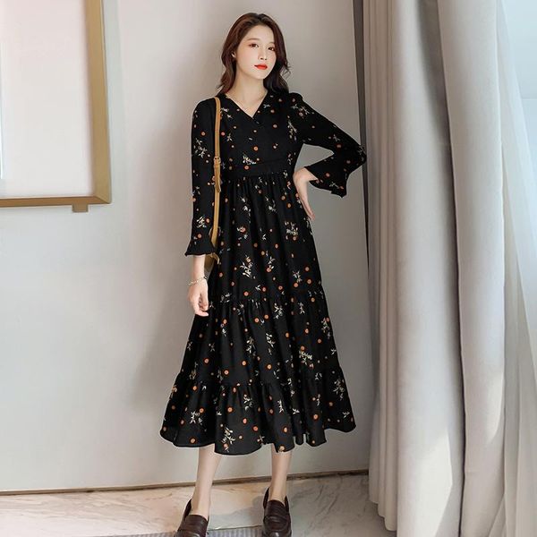 

spring breastfeeding floral dress slim waist long-sleeved chiffon maternity dresses, White