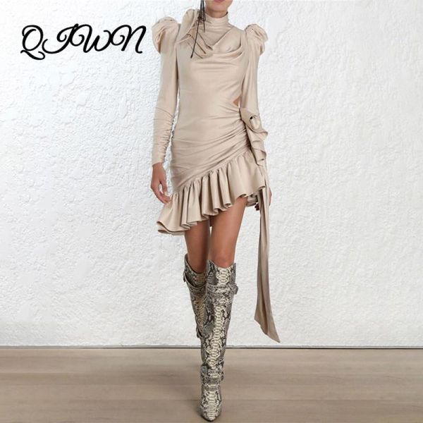 

casual dresses arrive beige color ruffles irregular bodycon dress black puff sleeve fashion women vacation holiday party mini q85u, Black;gray